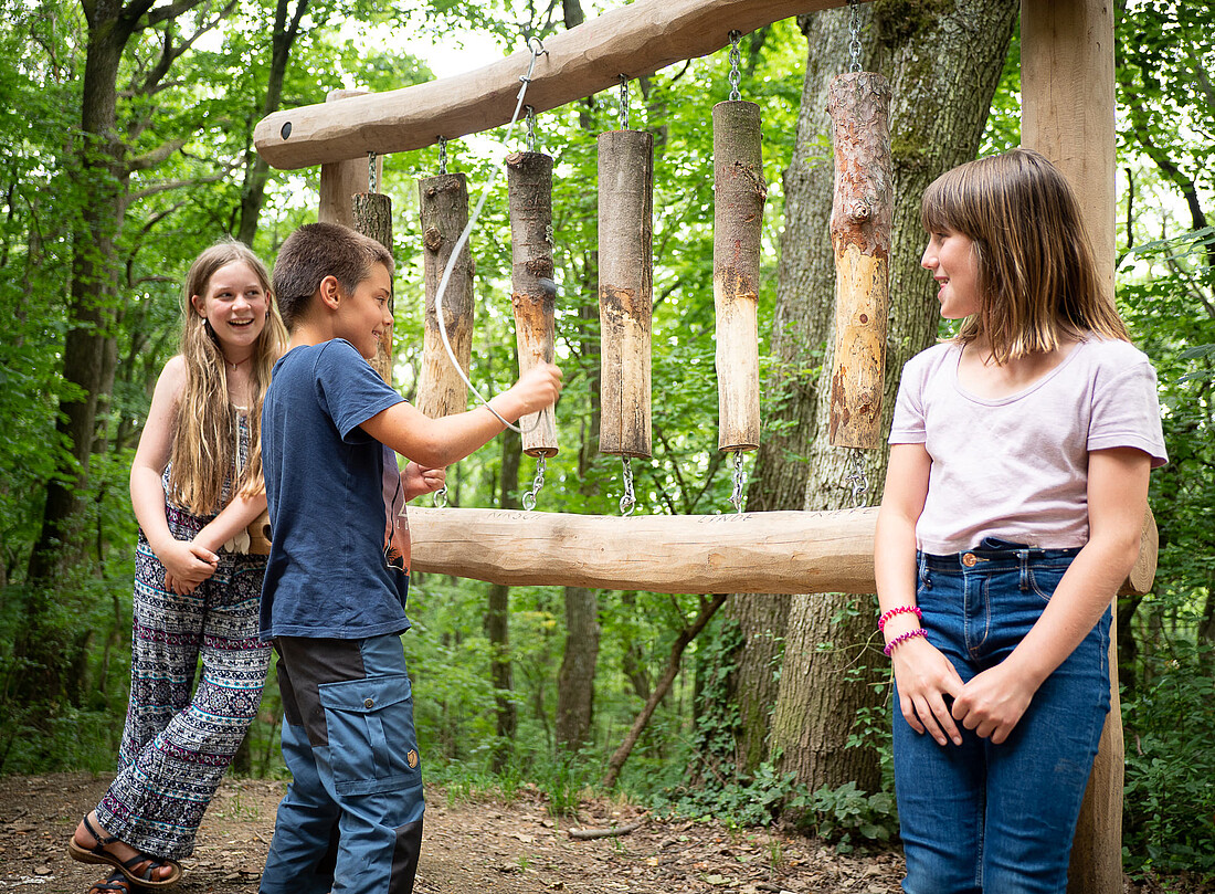 Zwei Mädchen und ein Bub spielen auf einem großen Holzxylophon aus Baumstämmen im Wald.