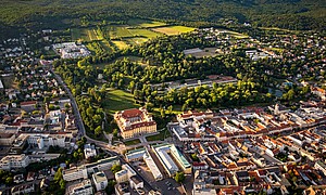 Luftaufnahme einer Kleinstadt mit einem gelben Schloss und vom Wald umgeben