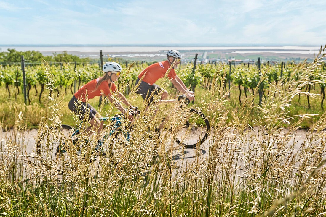 Ein Mann und eine Frau mit Radhelmen und Fahrrad stehen mit einer Karte vor einer Wiese