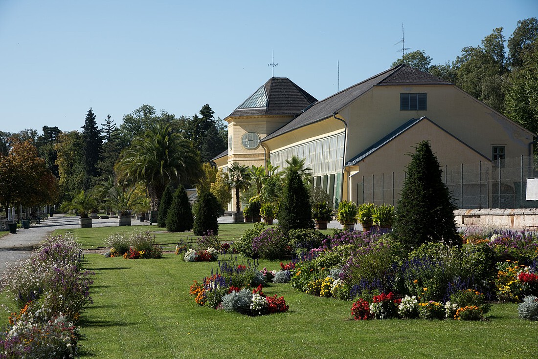 Gepflegtes Blumenbeet mit bunten Blumen, im Hintergrund historisches Gewächshaus