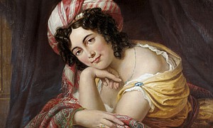 Portrait einer Dame aus dem 19. Jahrhundert mit gelbem Kleid, rot-weißer Kopfbedeckung und bunter Stola