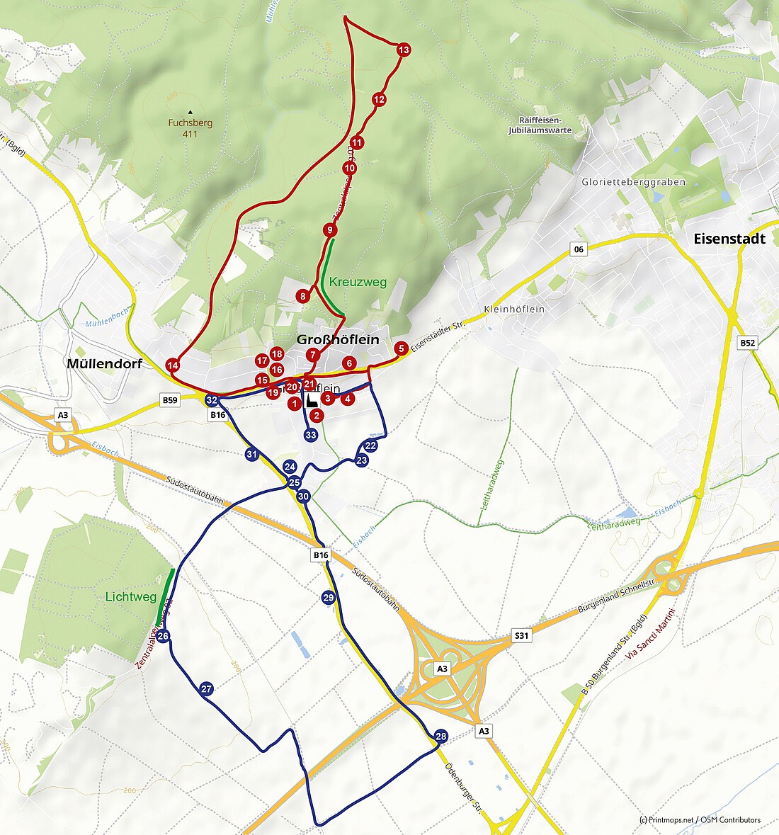 Karte mit rot und blau eigezeichneten Rundwegen in Großhöflein.