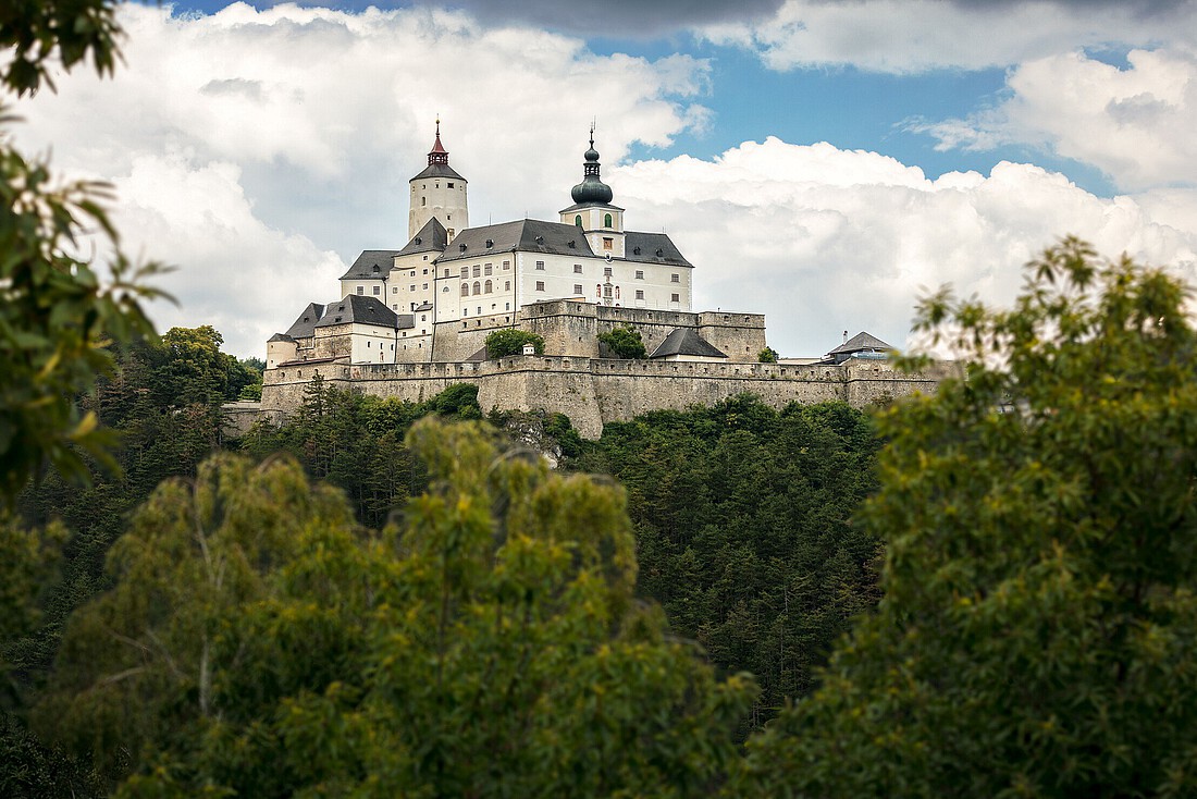 Weiße, mächtige Burg mit zwei Türmen auf einem Felsen.