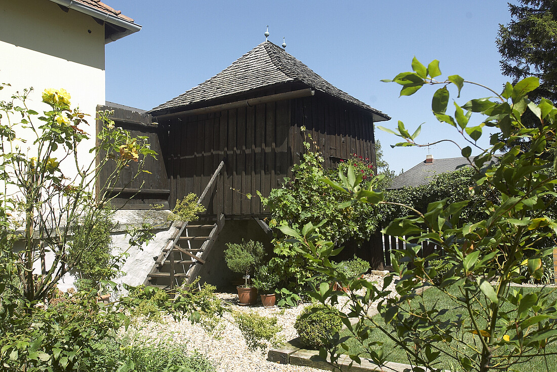 Kleines Holz-Gartenhausmit grünen Sträuchern