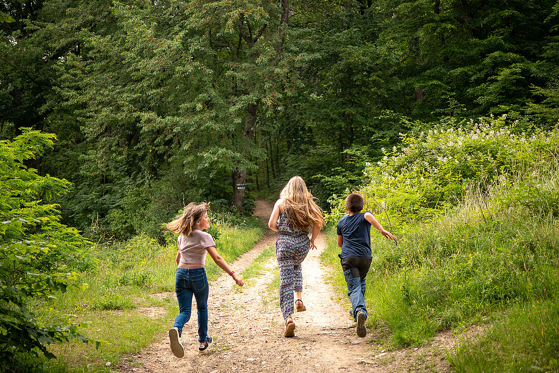 Zwei Mädchen und ein Junge laufen auf einem Waldweg.