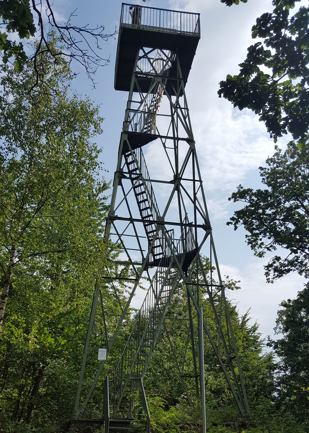 Steiler Aussichtsturm aus Metall mitten in einem Wald