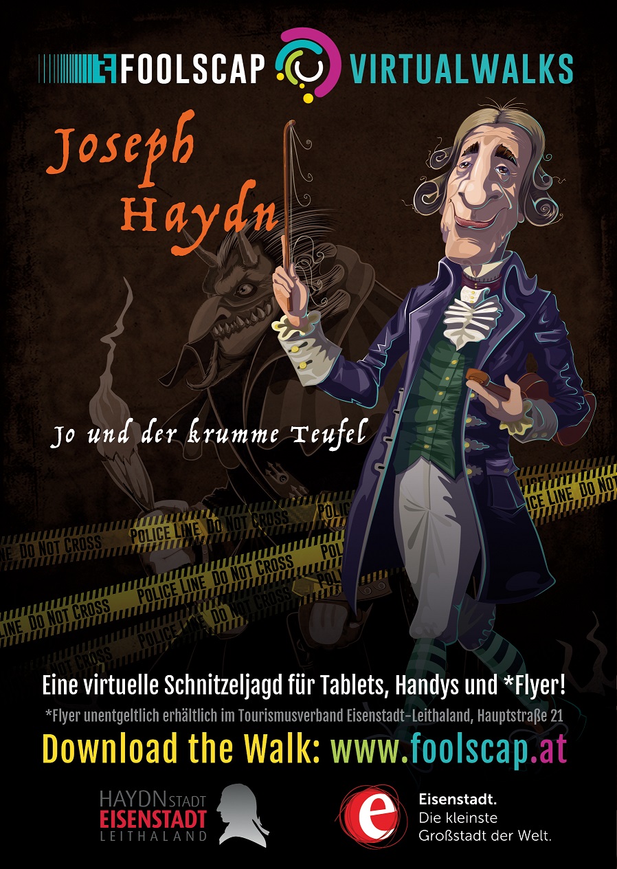 Werbeplakat für den Haydnwald mit Joseph Haydn als barocker Comicfigur 